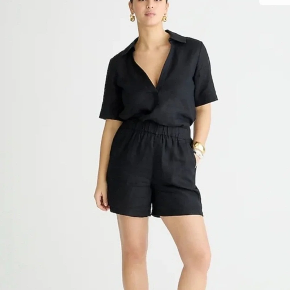 J.Crew Womens Long Tropez Short 100% Linen Size Large Black Pull-on  Minimalist